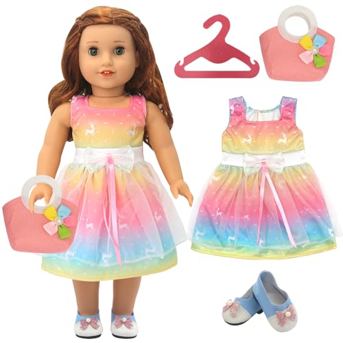 JSTHHTT Puppenkleidungsset, Kleidung Outfits für Baby Puppen, Puppenkleidung für 38-45cm Mädchen Puppe, Regenbogen Bekleidungsset aus Kleid, Schuh, Handtasche JSTHHTT Puppenkleidungsset, Kleidung Outfits für Baby Puppen, Puppenkleidung für 38-45cm Mädchen Puppe, Regenbogen Bekleidungsset aus Kleid, Schuh, Handtasche von JSTHHTT