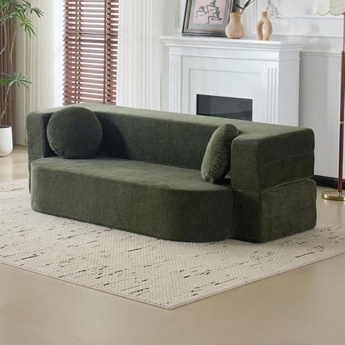 JSWHYBD Cordcouch 1–2 M Umwandelbares Schlafsofa Knitteriger Webstoff + Hochdichter Memory-Schaum Mit Runden Kissen Dick Und Verschleißfest Geeignet for Wohnzimmer und Schlafzimmer(Green,1.8m) von JSWHYBD