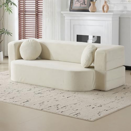 JSWHYBD Cordcouch 1–2 M Umwandelbares Schlafsofa Knitteriger Webstoff + Hochdichter Memory-Schaum Mit Runden Kissen Dick Und Verschleißfest Geeignet for Wohnzimmer und Schlafzimmer(Off-White,1.5m) von JSWHYBD