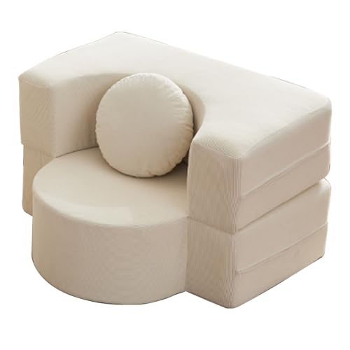 JSWHYBD Cordcouch 1–2 M Umwandelbares Schlafsofa Knitteriger Webstoff + Hochdichter Memory-Schaum Mit Runden Kissen Dick Und Verschleißfest Geeignet for Wohnzimmer und Schlafzimmer(Off-White,1m) von JSWHYBD