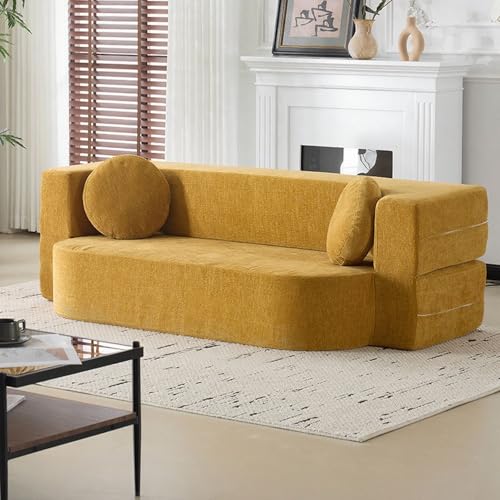 JSWHYBD Cordcouch 1–2 M Umwandelbares Schlafsofa Knitteriger Webstoff + Hochdichter Memory-Schaum Mit Runden Kissen Dick Und Verschleißfest Geeignet for Wohnzimmer und Schlafzimmer(Turmeric,1.8m) von JSWHYBD