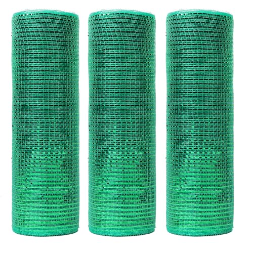 JStnana 3 Rollen Weihnachts-grünes Deko-Mesh-Band zum Basteln, 25,4 cm x 9,2 m pro Rolle, Deluxe-Metallfolie, Netzband für Weihnachtsbaum, Kränze, Girlande, Schleifen, Geschenkverpackungen, Basteln von JStnana