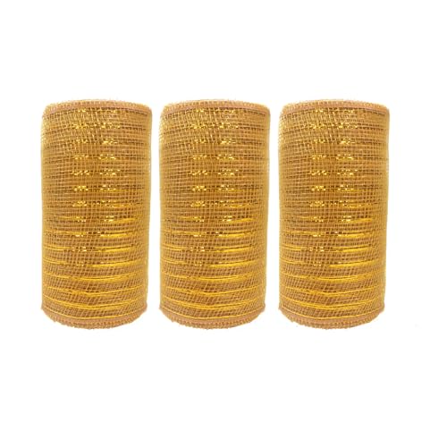 JStnana 3 Rollen goldenes Deko-Mesh-Band, 15,2 cm x 9,2 m pro Rolle, goldfarbene Metallic-Folie, Jute, Deko-Mesh-Stoff für Herbst, Weihnachtsbaum, Valentinstag, Ostern, Hochzeit, Kranz, Girlanden von JStnana