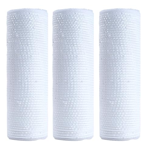 JStnana 3 Rollen weißes Deko-Mesh-Band zum Basteln, 25,4 cm x 9,4 m pro Rolle, luxuriöses weißes Metallfolien-Mesh-Band für Weihnachtsbaum, Hochzeitskränze, Girlande, Schleifen, Geschenkverpackungen von JStnana