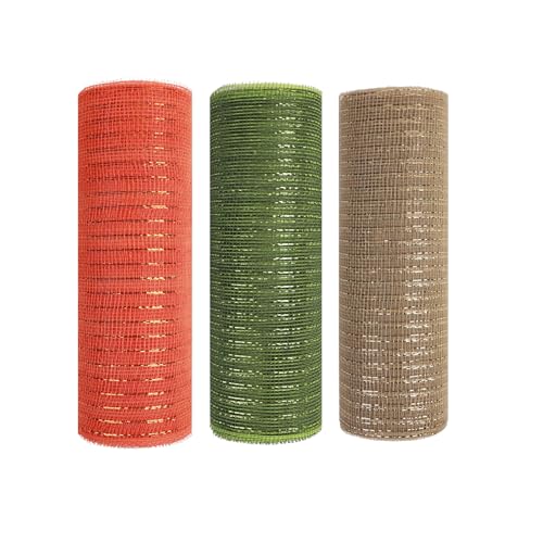 JStnana Deko-Mesh-Band für Herbstkranz, Basteln, 25,4 cm x 9,2 m, Metallfolie, Deko-Mesh-Band, Stoffnetz für Thanksgiving, Ernte, Halloween, Urlaub, Kranz, Dekoration, 3 Rollen, Orange / Grün von JStnana