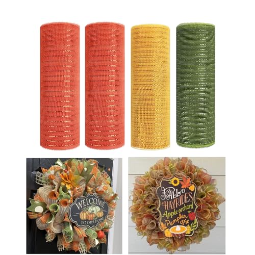JStnana Deko-Mesh-Band für Tantenkranz, 25,4 x 9,2 m, metallisches Jute-Netz, Orange, Gold, Moosgrün, Deko-Mesh-Rollen für Thanksgiving, Herbsternte, Basteln, Kranzdekoration, 4 Rollen JStnana Deko-Mesh-Band für Tantenkranz, 25,4 x 9,2 m, metallisches Jute-Netz, Orange, Gold, Moosgrün, Deko-Mesh-Rollen für Thanksgiving, Herbsternte, Basteln, Kranzdekoration, 4 Rollen von JStnana