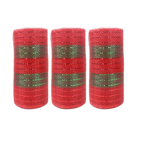 JStnana Deko-Mesh-Band mit rot-grünen Streifen, 15,2 cm x 9,2 m pro Rolle, goldfarbene Metallfolie, Jute, Deko-Mesh-Stoff für Weihnachtsbaum, Winter, Hochzeit, Kranz, Girlanden, Schleifen, Basteln, 3 von JStnana