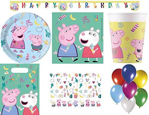 JT-Lizenzen Peppa Pig Messy Play 94-teiliges Kindergeburtstag Party Deko Set Motto Feier 8 Teller, 8 Becher, 20 Servietten, 1 Tischdecke, 6 Partytüten, 1 Partykette, 50 Luftballons von JT-Lizenzen