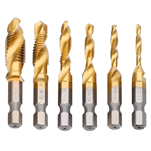 JTENG 6 teilig Kombi Gewindebohrer Bit Satz 1/4'' HSS M3-M10 Schraube Sechskantschaft Senker Werkzeuge Bohrer Bit Set Maschinengewindebohrer Drill Bits Satz Edelstahl HSS von JTENG