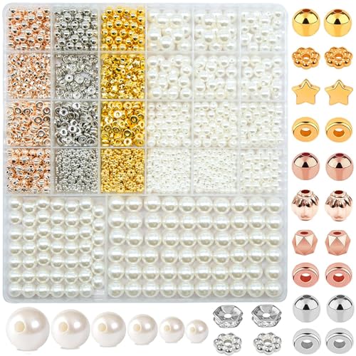 2031 Stück Weiße Perlen Set, 4/6/8/10/12mm Perlen zum Auffädeln, DIY Schmuck Perlen für Armbänder Erwachsene & Mädchen, Unregelmäßige Geformte Bastelperlen für Schmuckherstellung, Feiertage, Partys von JTHTJOK
