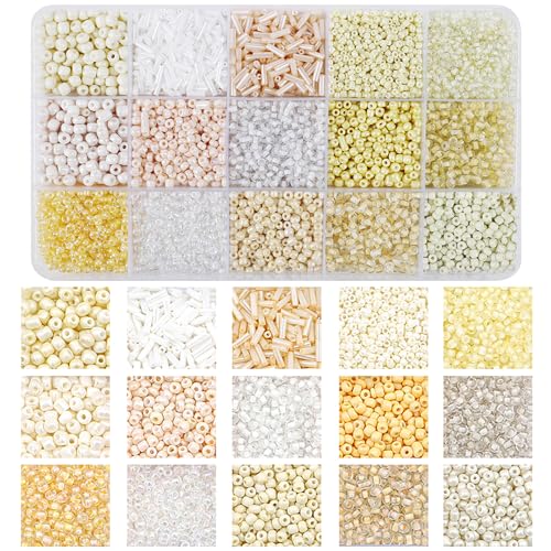 Mini Glasperlen 15 Farben Perlen Set Beige Glass Seed Beads Kit für Freundschaftsarmbänder & Schmuckherstellung, Sortiert in Aufbewahrungsbox für DIY Perlenbasteln (Beige) von JTHTJOK