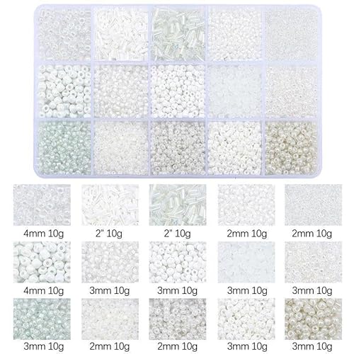Glasperlen Set 15 Farben Kleine Seed Beads & Bugelperlen in Aufbewahrungsbox, DIY Schmuckherstellung Perlen für Armbänder, Halsketten, Ohrringe (Weiß/Beige) (Weiß) von JTHTJOK