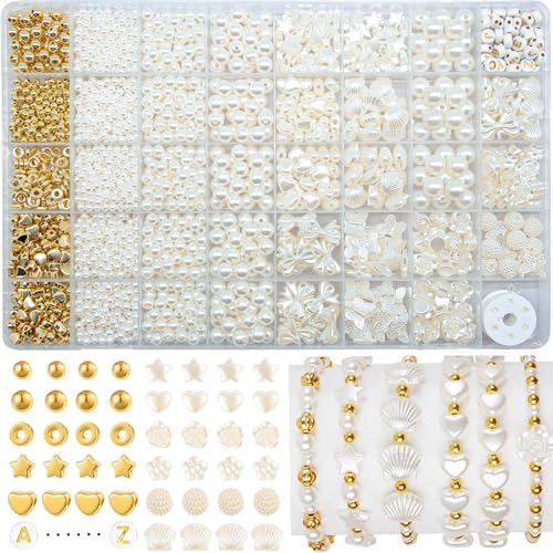 Weiße Perlen Set, 1860 Stück Perlen zum Auffädeln, DIY Perlen Set Schmuck für Armbänder Erwachsene, Perlen Weiß für Schmuckherstellung, Charm Kit für Weihnachten, Partys, Ostern, Feiertage von JTHTJOK