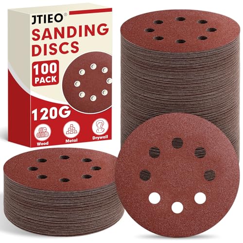 JTIEO 12,7 cm Schleifscheiben – 100 Stück 120er Körnung Schleifpapier-Sortiment, Klett-Exzenterschleifer-Pads, runde Schleifpads für Exzenterschleifer von JTIEO