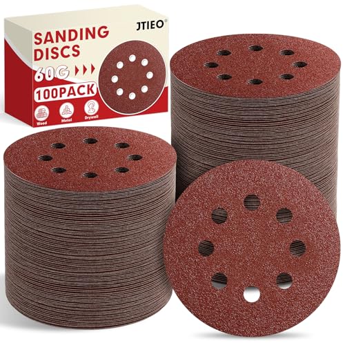 JTIEO 12,7 cm Schleifscheiben – 100 Stück 60er Körnung Schleifpapier-Sortiment, Klett-Schwingschleifer-Pads, runde Schleifpads für Exzenterschleifer von JTIEO