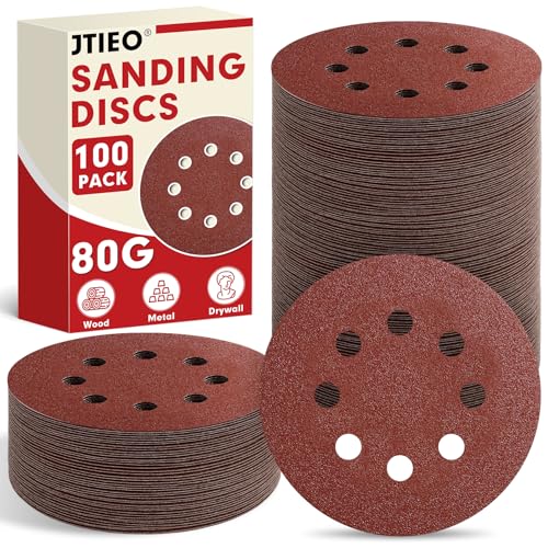 JTIEO 12,7 cm Schleifscheiben – 100 Stück 80er Körnung Schleifpapier-Sortiment, Klett-Schwingschleifer-Pads, runde Schleifpads für Exzenterschleifer von JTIEO