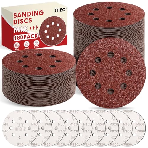 JTIEO 12,7 cm Schleifscheiben – 180-teiliges Schleifpapier-Sortiment für Exzenterschleifer, Klett-Schleifpads, rundes Schleifscheiben-Set für Exzenterschleifer von JTIEO