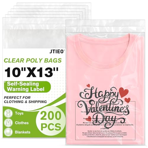 JTIEO Transparente Polybeutel, 25,4 x 33 cm, selbstverschließende Versandtaschen, mit Warnung für Verpackung, Hemd, Kunststoff-Kleiderbeutel, 200 Stück von JTIEO