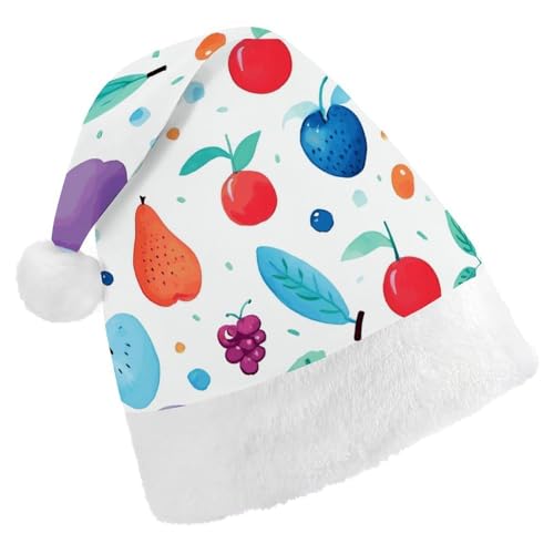 JTKBNVM Blaue und Früchte Weihnachtsmütze für Damen und Herren, Nikolausmütze für Erwachsene, rote Mütze, kurzer Plüsch mit weißen Manschetten JTKBNVM Blaue und Früchte Weihnachtsmütze für Damen und Herren, Nikolausmütze für Erwachsene, rote Mütze, kurzer Plüsch mit weißen Manschetten von JTKBNVM