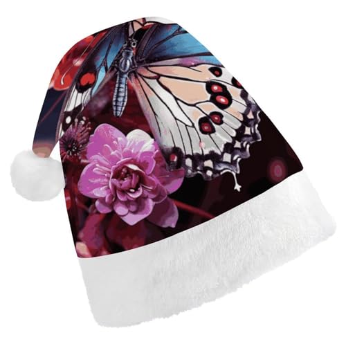 JTKBNVM Bunte Schmetterlinge auf Blumen, Weihnachtsmütze für Damen und Herren, Weihnachtsmannmütze für Erwachsene, rote Mütze, kurzer Plüsch mit weißen Bündchen JTKBNVM Bunte Schmetterlinge auf Blumen, Weihnachtsmütze für Damen und Herren, Weihnachtsmannmütze für Erwachsene, rote Mütze, kurzer Plüsch mit weißen Bündchen von JTKBNVM