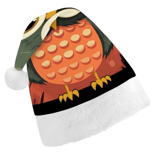 JTKBNVM Cartoon-Eule auf orangefarbenem Hintergrund, Weihnachtsmütze für Damen, Herren, Nikolausmütze für Erwachsene, rote Mütze, kurzer Plüsch mit weißen Manschetten JTKBNVM Cartoon-Eule auf orangefarbenem Hintergrund, Weihnachtsmütze für Damen, Herren, Nikolausmütze für Erwachsene, rote Mütze, kurzer Plüsch mit weißen Manschetten von JTKBNVM