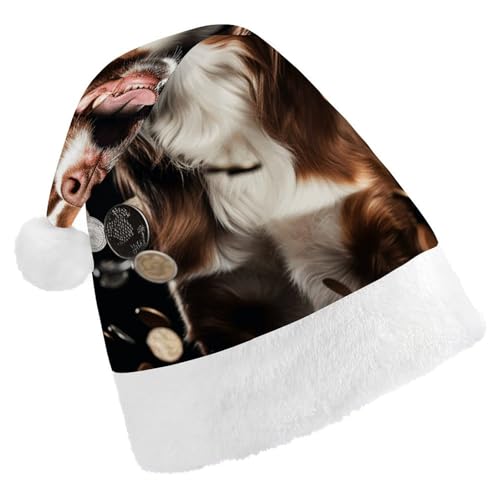 JTKBNVM Ein Hund und Münzen Weihnachtsmütze für Damen und Herren, Nikolausmütze für Erwachsene, rote Mütze, kurzer Plüsch mit weißen Manschetten JTKBNVM Ein Hund und Münzen Weihnachtsmütze für Damen und Herren, Nikolausmütze für Erwachsene, rote Mütze, kurzer Plüsch mit weißen Manschetten von JTKBNVM