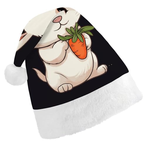 JTKBNVM Niedlicher Hase hält Karotte Weihnachtsmütze für Damen und Herren, Nikolausmütze für Erwachsene, rote Mütze, kurzer Plüsch mit weißen Bündchen JTKBNVM Niedlicher Hase hält Karotte Weihnachtsmütze für Damen und Herren, Nikolausmütze für Erwachsene, rote Mütze, kurzer Plüsch mit weißen Bündchen von JTKBNVM