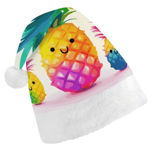 JTKBNVM Regenbogen-Ananas-Cartoon-Weihnachtsmütze für Damen und Herren, Weihnachtsmannmütze für Erwachsene, rote Mütze, kurzer Plüsch mit weißen Manschetten JTKBNVM Regenbogen-Ananas-Cartoon-Weihnachtsmütze für Damen und Herren, Weihnachtsmannmütze für Erwachsene, rote Mütze, kurzer Plüsch mit weißen Manschetten von JTKBNVM