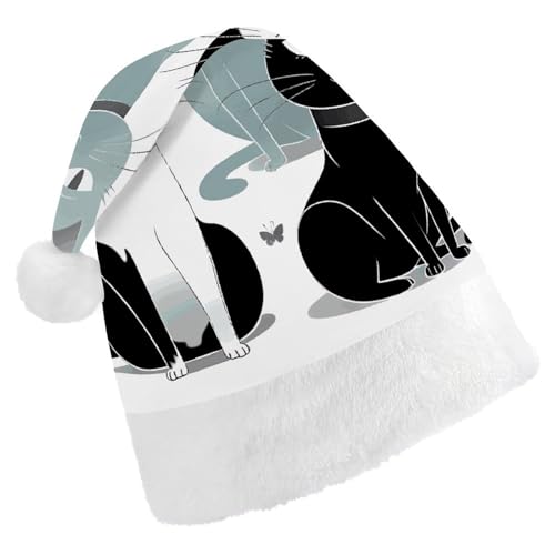 JTKBNVM Schwarze und weiße Katzen Weihnachtsmütze für Damen und Herren, Nikolausmütze für Erwachsene, rote Mütze, kurzer Plüsch mit weißen Manschetten JTKBNVM Schwarze und weiße Katzen Weihnachtsmütze für Damen und Herren, Nikolausmütze für Erwachsene, rote Mütze, kurzer Plüsch mit weißen Manschetten von JTKBNVM