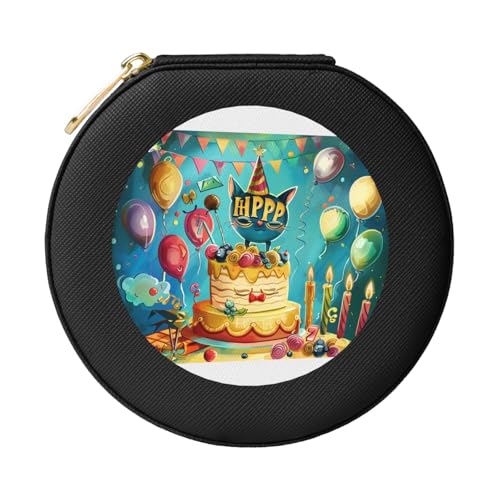 JTKREZ Bedruckte Leder-Schmuckschatulle mit Aufschrift "Happy Birthday", schwarz, rund, Schmuck-Organizer für Ohrringe, Ringe, Halsketten, Armbänder von JTKREZ