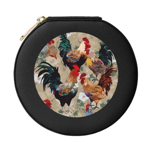 JTKREZ Bedruckte Leder-Schmuckschatulle mit Hahn- und Huhn-Aufdruck, schwarz, rund, Schmuck-Organizer für Ohrringe, Ringe, Halsketten, Armbänder von JTKREZ