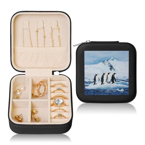 JTKREZ Bedruckte Leder-Schmuckschatulle mit Pinguine auf dem Eisberg, schwarz, quadratisch, Schmuck-Organizer für Ohrringe, Ringe, Halsketten, Armbänder von JTKREZ