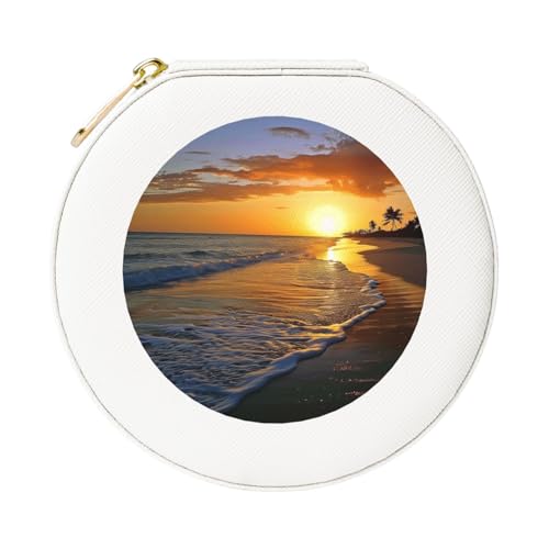 JTKREZ Bedruckte Leder-Schmuckschatulle mit Sonnenuntergang, weiß, rund, Schmuck-Organizer für Ohrringe, Ringe, Halsketten, Armbänder von JTKREZ