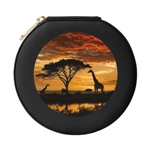 JTKREZ Bedruckte Schmuckschatulle aus Leder, Giraffe und Bäume bei Dämmerung in Afrika, schwarz, rund, Schmuck-Organizer für Ohrringe, Ringe, Halsketten, Armbänder von JTKREZ