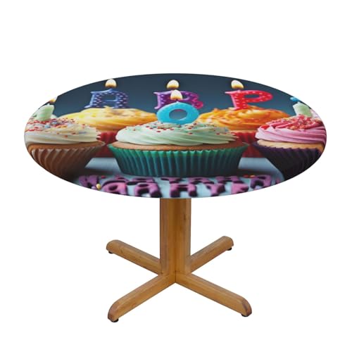 JTKREZ Bunte Happy Birthday Cupcakes bedruckte runde Tischdecke, 137 cm, waschbar, dekorative Tischdecke, elastischer Rand, Tischdecke für drinnen und draußen von JTKREZ