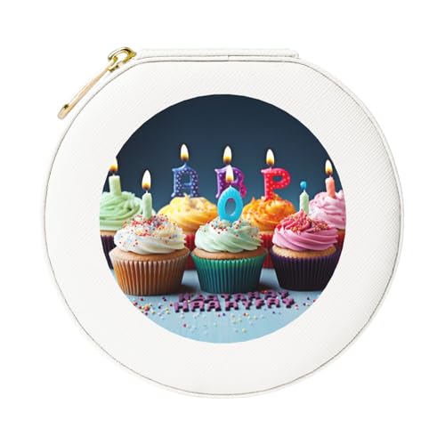 JTKREZ Bunte Schmuckschatulle mit Cupcake-Motiv, Leder, weiß, rund, Schmuck-Organizer für Ohrringe, Ringe, Halsketten, Armbänder von JTKREZ