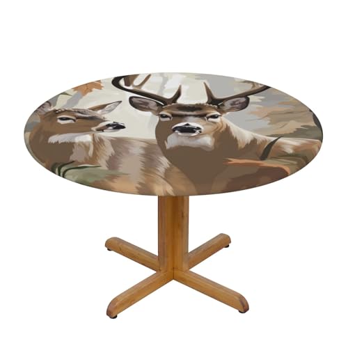 JTKREZ Camouflage Deer_1 bedruckte runde Tischdecke, waschbar, dekorative Tischdecke, elastischer Rand, Tischdecke für drinnen und draußen, 122 cm von JTKREZ
