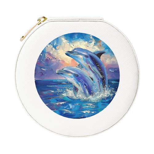 JTKREZ Delphin 1 bedruckte Leder-Schmuckschatulle, weiß, rund, Schmuck-Organizer für Ohrringe, Ringe, Halsketten, Armbänder von JTKREZ