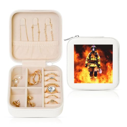 JTKREZ Feuerwehrmann Feuerwehrmann Flamme bedruckte Leder-Schmuckschatulle weiß quadratisch Schmuck-Organizer für Ohrringe, Ringe, Halsketten, Armbänder von JTKREZ