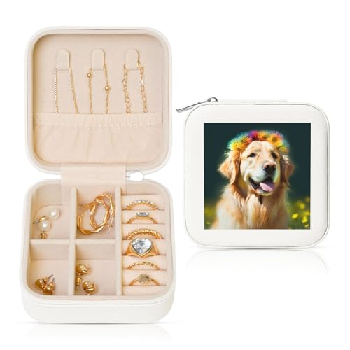 JTKREZ Golden Retriever Schmuckschatulle aus Leder, bedruckt, quadratisch, für Ohrringe, Ringe, Halsketten, Armbänder von JTKREZ