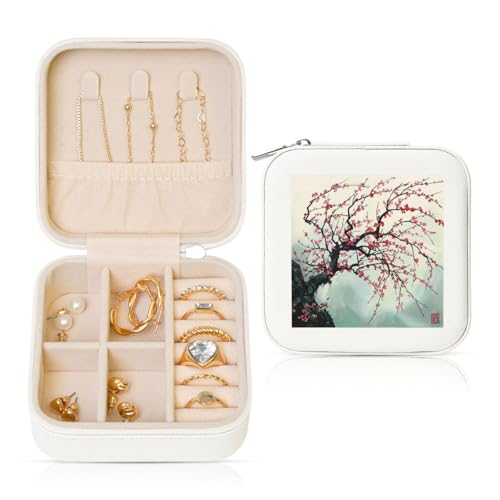 JTKREZ Japanische Schmuckschatulle mit Kirschbaum-Motiv, weiß, quadratisch, Schmuck-Organizer für Ohrringe, Ringe, Halsketten, Armbänder von JTKREZ