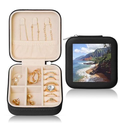 JTKREZ Kauai Schmuckschatulle mit Hawaii-Motiv und Meeresküstenmotiv, schwarz, quadratisch, Schmuck-Organizer für Ohrringe, Ringe, Halsketten, Armbänder von JTKREZ