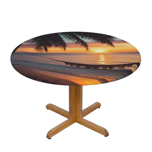 JTKREZ Kokosnussstrand-Tischdecke mit Sonnenuntergang, bedruckt, rund, 137 cm, waschbar, dekorative Tischdecke, elastischer Rand, Tischdecke für drinnen und draußen JTKREZ Kokosnussstrand-Tischdecke mit Sonnenuntergang, bedruckt, rund, 137 cm, waschbar, dekorative Tischdecke, elastischer Rand, Tischdecke für drinnen und draußen von JTKREZ