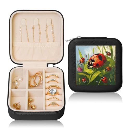 JTKREZ Ladybug bedruckte Leder-Schmuckschatulle, schwarz, quadratisch, Schmuck-Organizer für Ohrringe, Ringe, Halsketten, Armbänder von JTKREZ
