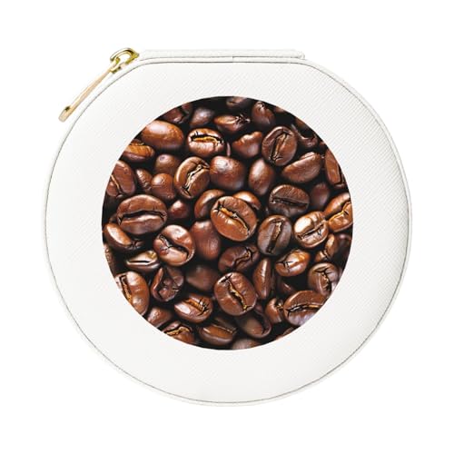 JTKREZ Lustige, geröstete Kaffeebohnen, bedruckte Leder-Schmuckschatulle, weiß, rund, Schmuck-Organizer für Ohrringe, Ringe, Halsketten, Armbänder von JTKREZ