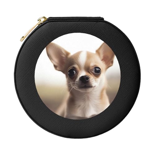 JTKREZ Lustige Schmuckschatulle mit Chihuahua-Motiv, Leder, schwarz, rund, Schmuck-Organizer für Ohrringe, Ringe, Halsketten, Armbänder von JTKREZ