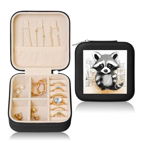 JTKREZ Niedliche Waschbär-Schmuckschatulle aus Leder, schwarz, quadratisch, Schmuck-Organizer für Ohrringe, Ringe, Halsketten, Armbänder von JTKREZ