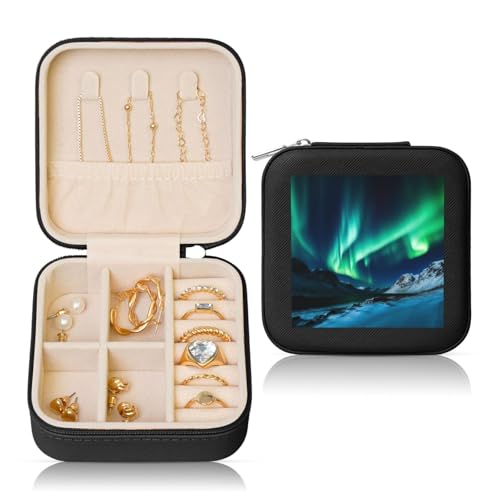 JTKREZ Northern Lights Schmuckschatulle aus Leder, bedruckt, quadratisch, für Ohrringe, Ringe, Halsketten, Armbänder von JTKREZ