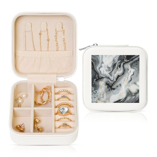 JTKREZ Orientalische Schmuckschatulle aus Leder, mit Marmorstein, bedruckt, weiß, quadratisch, Schmuck-Organizer für Ohrringe, Ringe, Halsketten, Armbänder von JTKREZ