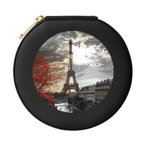 JTKREZ Paris Schmuckschatulle aus bedrucktem Leder, schwarz, rund, Schmuck-Organizer für Ohrringe, Ringe, Halsketten, Armbänder von JTKREZ